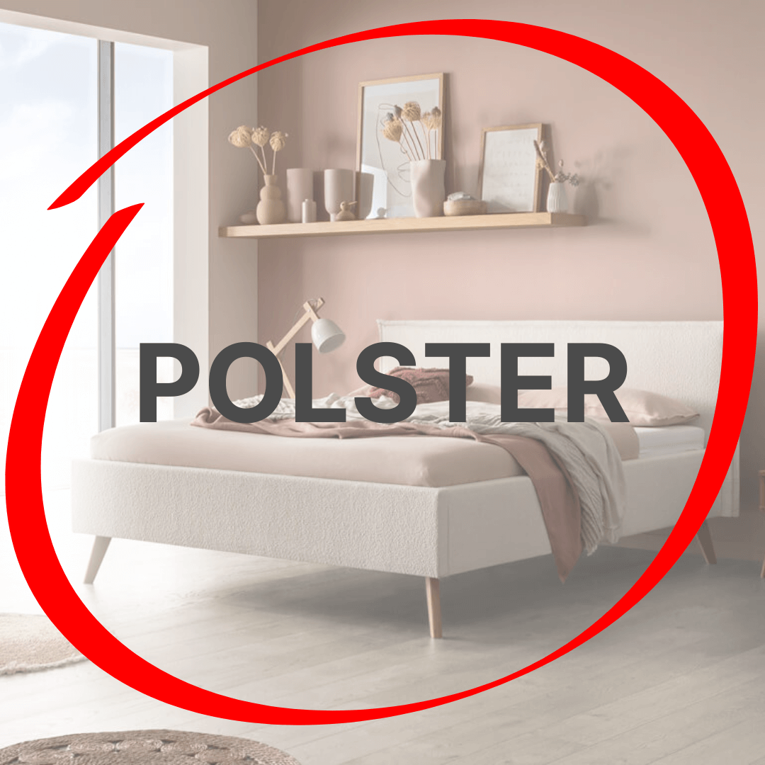 Aufschrift Polster mit rotem Kreis und Polsterbett im Hintergrund